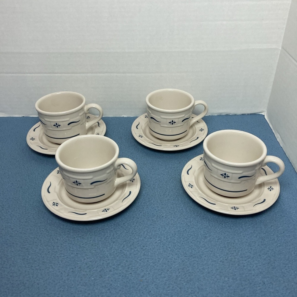 Longaberger Pottery Woven Traditions Blue Coffee/Tea Cup & Saucer‎ - Set of 4